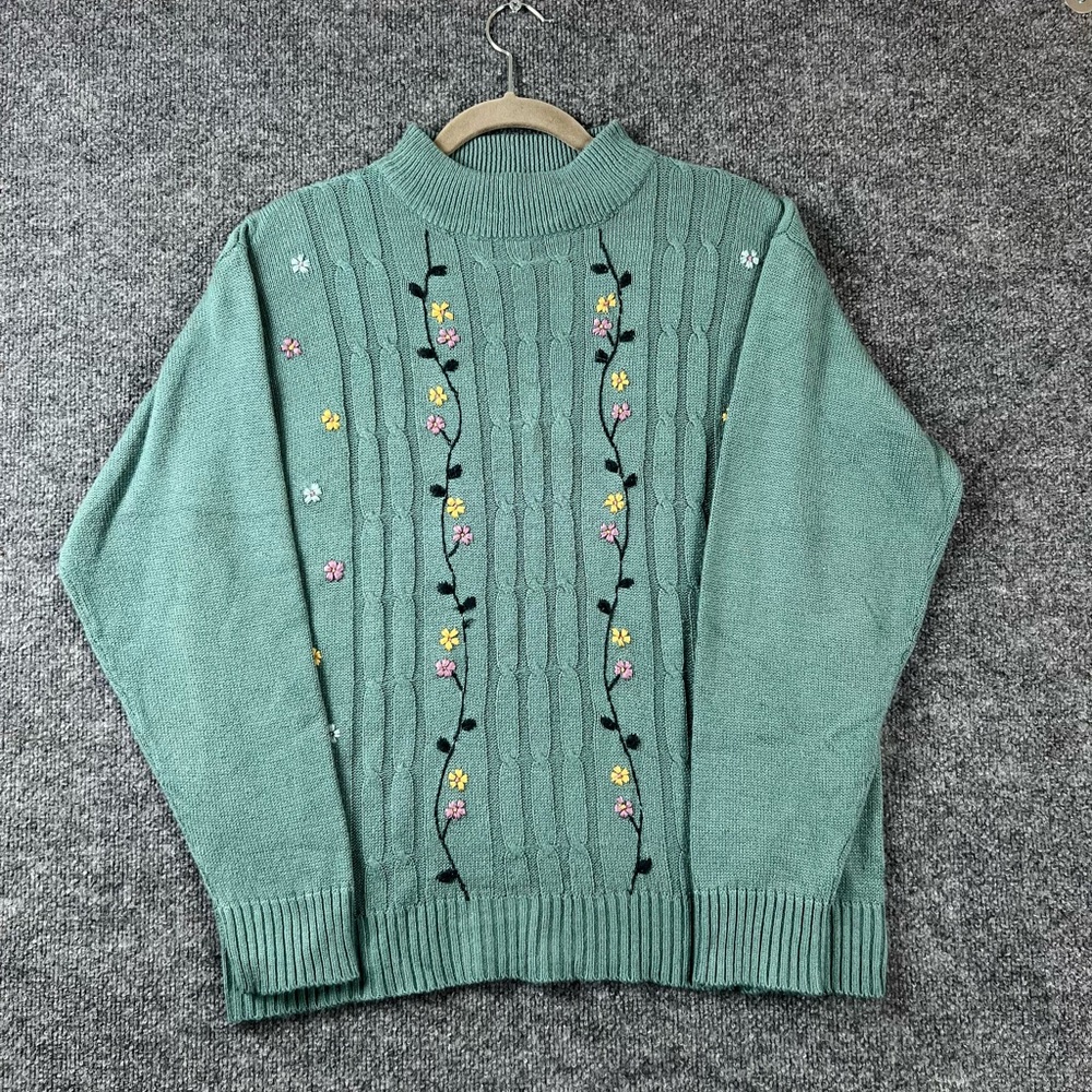 Honor Millburn Womens Sweater Sz L Green‎ Blue Floral Cable Knit Vintage Cottage